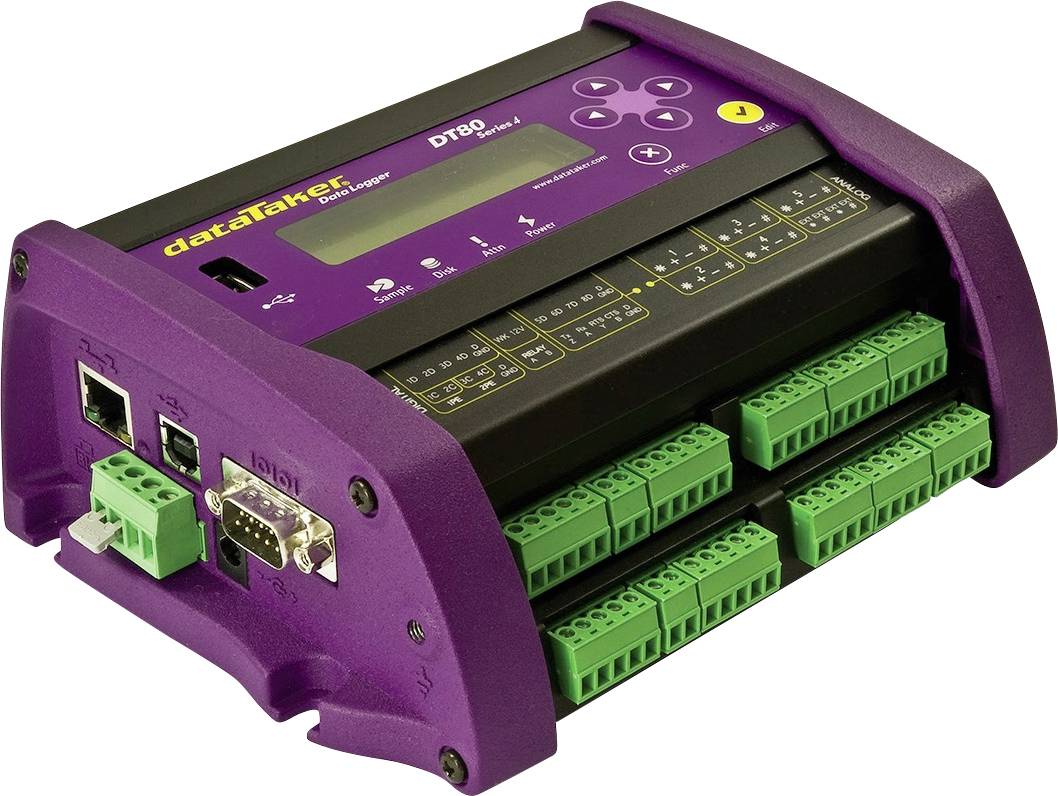 A purple data logging device with green connectors and multiple port connections, brand 'dataTaker', Model DT80.