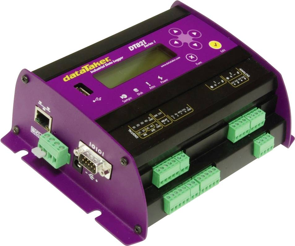 A purple data logger with a display and multiple green connectors on both sides. Brand name 'dataTaker DT82I'. Suitable for industrial measurements.