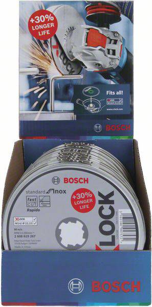 Bosch Grinding Disc Set in packaging. Highlight: 30% longer lifespan. Above: Image of a grinding machine in action.