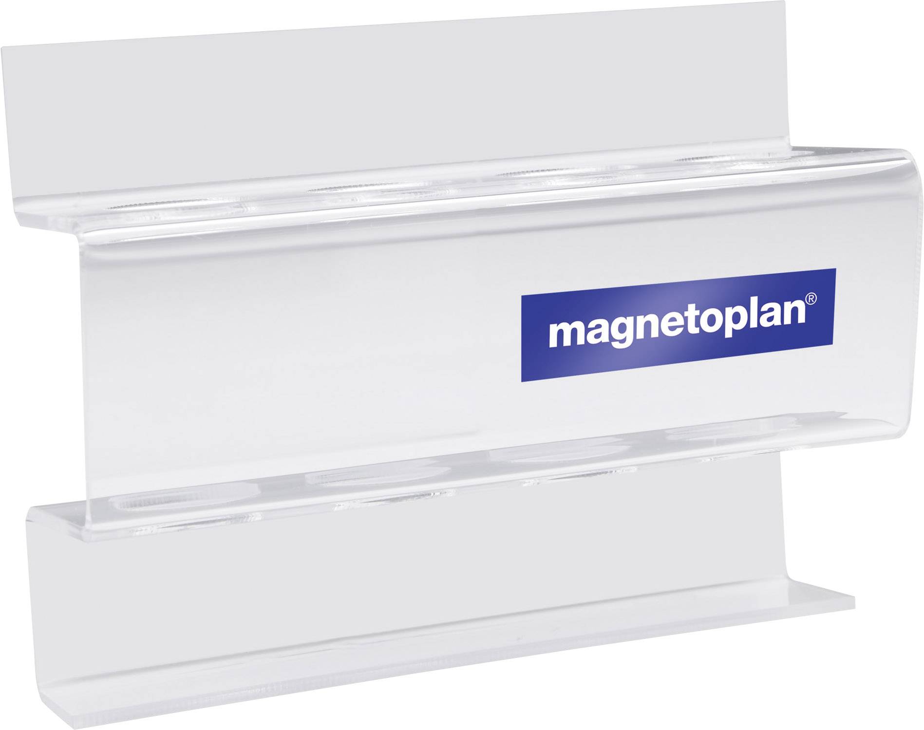 Clear magnetic clip with 'magnetoplan' logo, used for securing documents to magnetic surfaces.