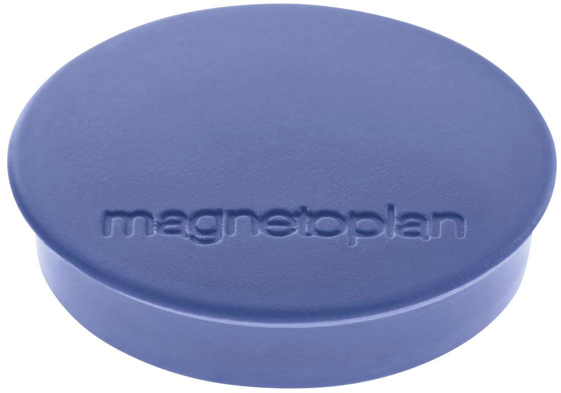 A blue, round magnet with the 'magnetoplan' text embossed on the top surface.
