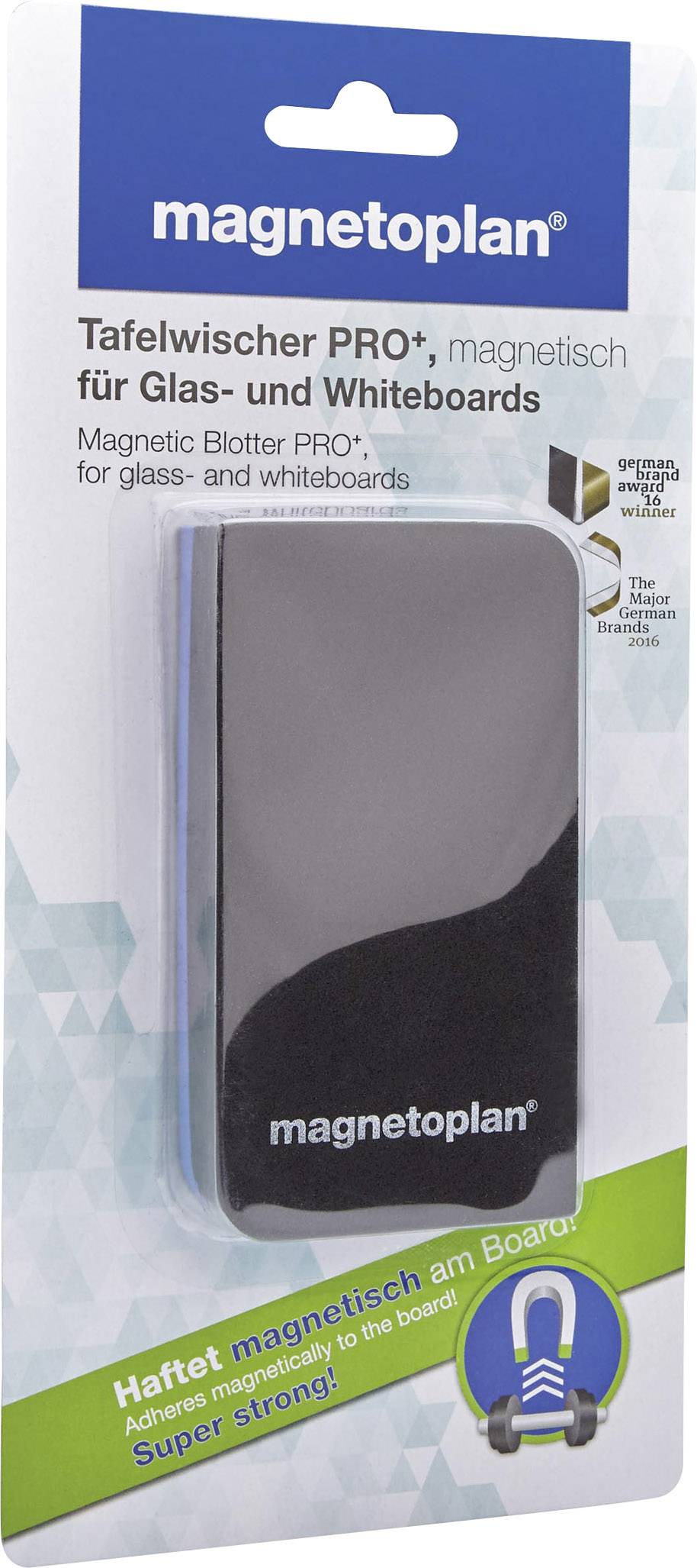 'Magnetoplan Boardmaster PRO+' – magnetic board eraser for glass and whiteboards, packaged in a blue and white box.