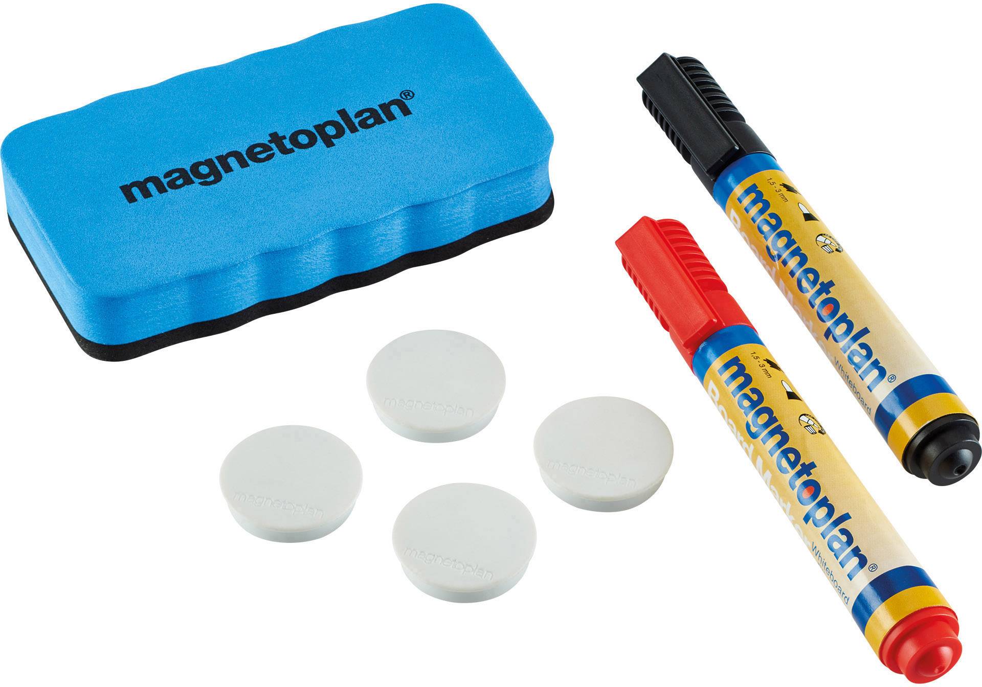 Eraser sponge, two markers and four magnets by 'magnetoplan'. Suitable for writing and erasing on whiteboards.