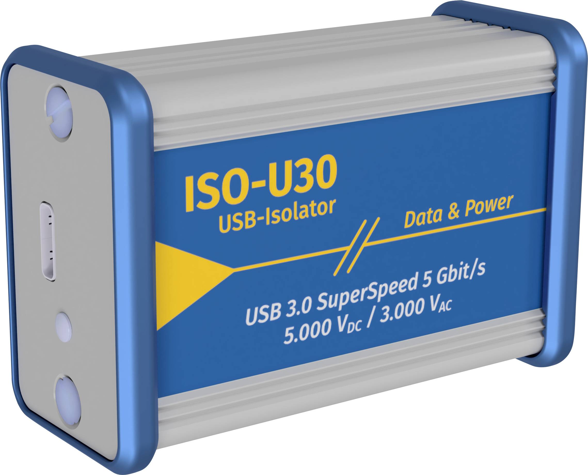 A USB isolator enclosure labelled 'ISO-U30 USB Isolator'. Offers USB 3.0 SuperSpeed with 5 Gbps, 5000 VDC and 3000 VAC.