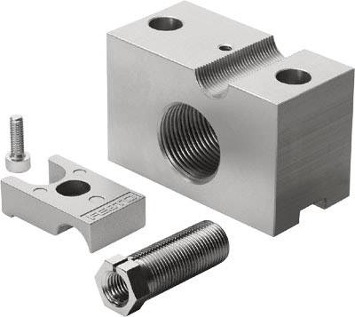 Metallic precision components, including a rectangular block with threading, a mounting bracket and a long screw against a white background.