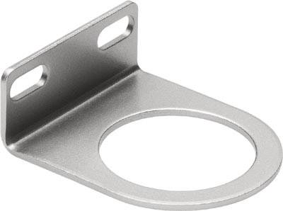 Metal mounting bracket with a rectangular base and circular hole for fastening. Suitable for mounting on flat surfaces.
