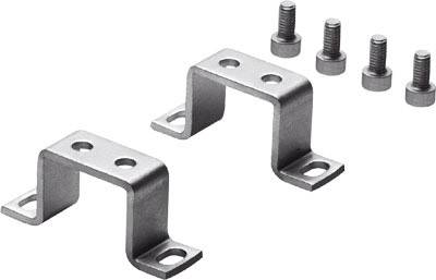 Two metal angles, each with two fixing holes, accompanied by four matching screws.