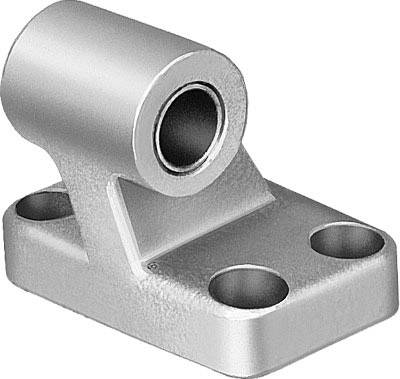 A silver metal bearing with a cylindrical holder and a rectangular base with three mounting holes.