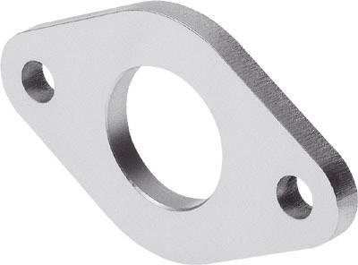 Metal flange with three holes, one in the centre, two at the ends. Used for connecting and securing mechanical parts.