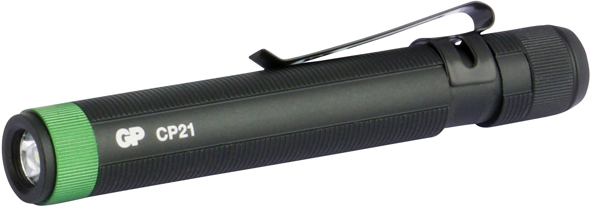 'Black torch with green ring at the front and belt clip at the back. Inscription: CP21.'Note: In British English, 