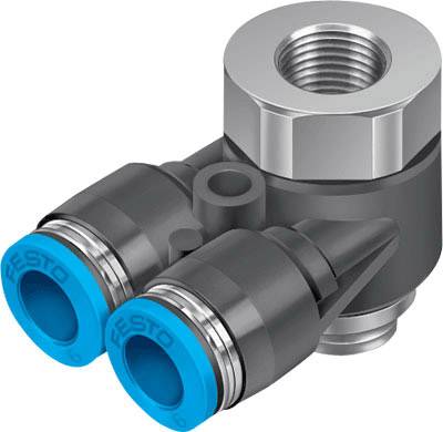 A right-angle connector with two blue ports and a metal threaded cap, used in pneumatic systems.