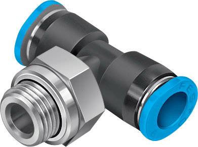 Metal and plastic T-shaped connector with blue end caps, used for pipe or hose connections in technical applications.