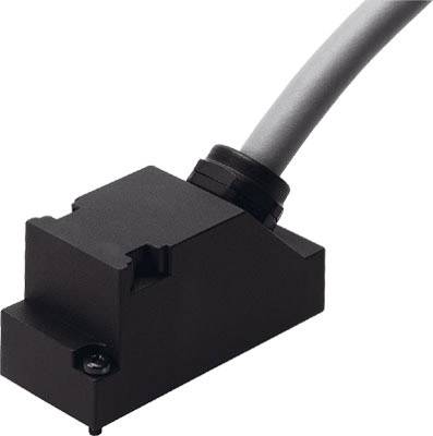 A black sensor with an attached cable, suitable for industrial applications requiring precise position detection.
