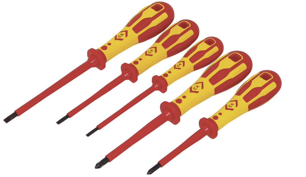 Five red and yellow screwdrivers with insulated handles in various sizes, suitable for electrical work.