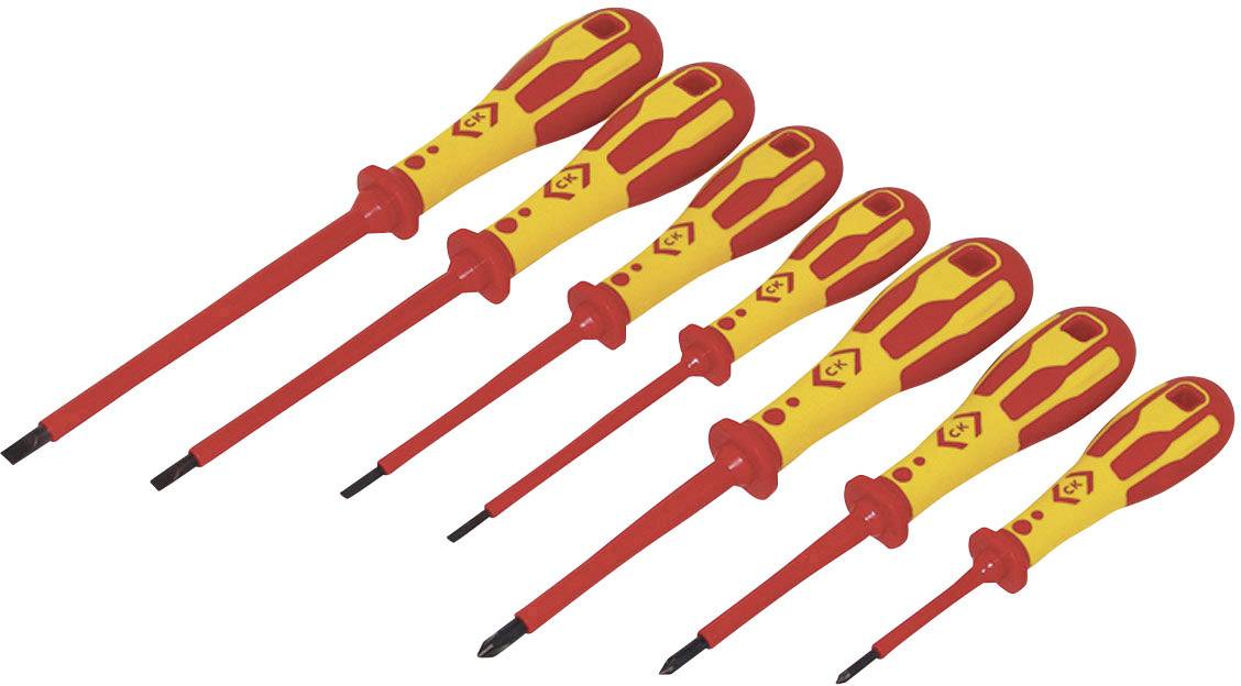 A set of screwdrivers in various sizes, suitable for electrical work, with red and yellow handles.