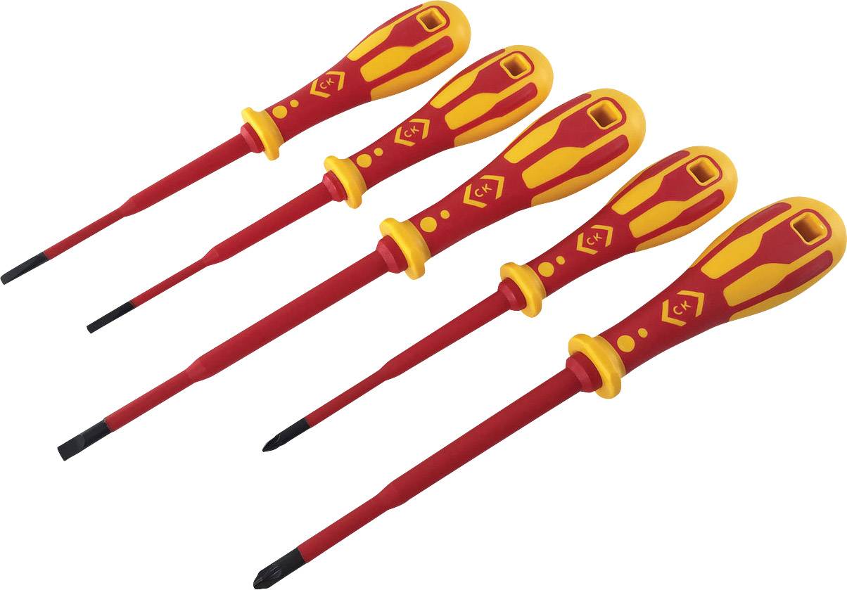 Five insulated screwdrivers with red and yellow handles, suitable for work on electrical circuits.