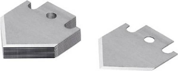 Metallic replacement blades in a specialist shape. A group stacked on the left, a single blade on the right.