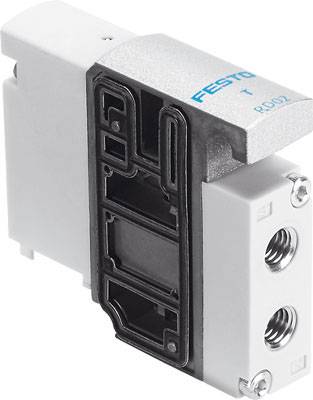 Festo valve block, rectangular, with two silver connections and a black central section, combined with a white housing.