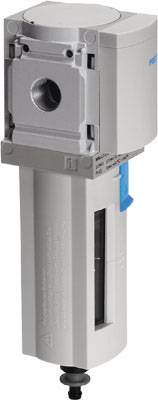 Compressed air filter in a rectangular, white plastic casing with blue accents. Controlled by a valve, designed for filtering particles from compressed air.