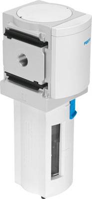 Pictured is a compressed air filter in white with a blue operating element, which is intended for the purification of compressed air.