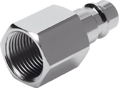 A silver metal adapter with a male thread on the left and a push-fit connection on the right.