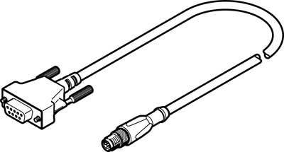 An adaptor cable with a 9-pin D-Sub plug on the left side and a round, multi-pin plug on the right side.