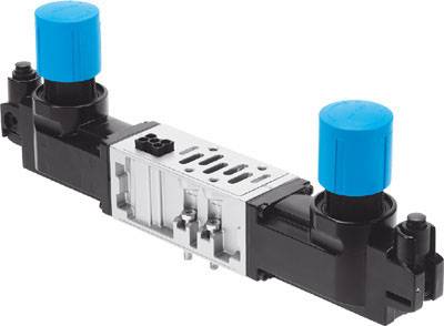 A black, elongated valve with two blue rotary knobs at its ends, likely part of a technical or hydraulic system.