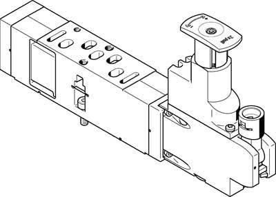 Black and white technical drawing of a pneumatic valve with multiple ports and a regulator on top.