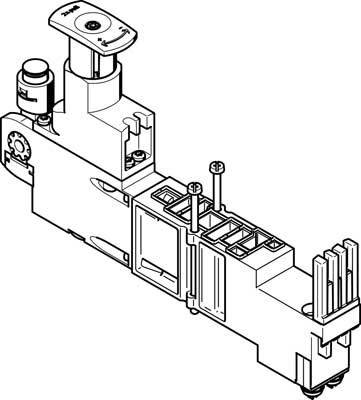 Technical drawing of a pneumatic valve with multiple connection points and mounting elements, top view.