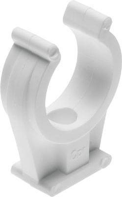 White U-shaped plastic pipe clip with two screw holes for securing pipes to walls or other surfaces.