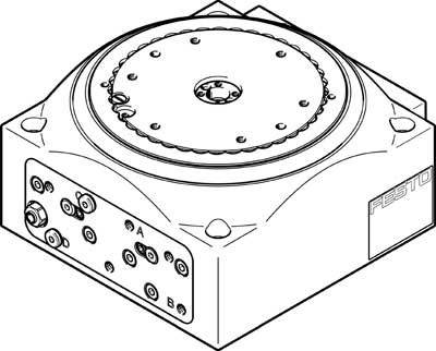 Illustration of a mechanical component, possibly a rotary table with connection sockets, labelled 'Festo'.