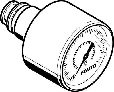 Manometer with scale for measuring pressure in psi and bar, featuring the Festo logo.