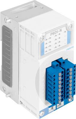 An industrial module with blue connections at the front, labelled 'P8DI-N' and featuring a Festo logo.