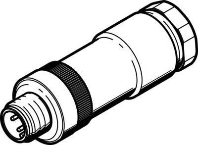 Black and white drawing of a cylindrical connector with multiple contact pins, side view.