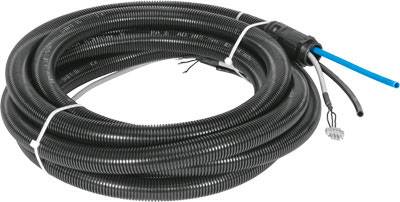 Black, coiled cable with blue and black wires at one end. Suitable for electrical or technical installations.