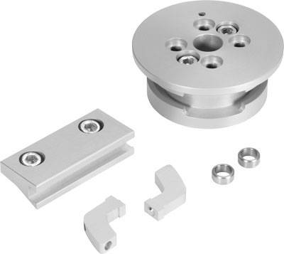 Silver mechanical metal construction kit consisting of a round part with holes and a flat rectangular part with screw holes.