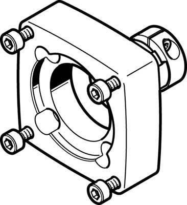 Illustration of a mechanical component with a square plate and central hole, secured by four screws.