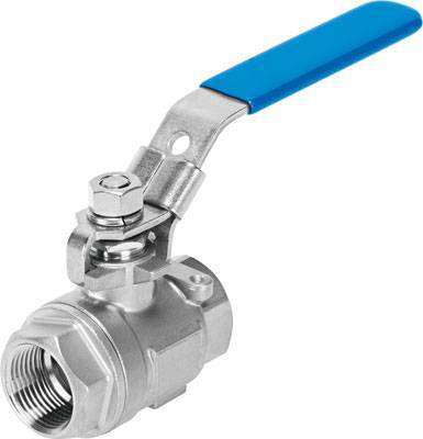 Ball valve with blue metal lever handle. Suitable for regulating liquids in piping systems.