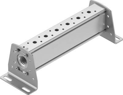 Grey rectangular machine component with mounting holes at both ends, suitable for industrial fastening purposes.