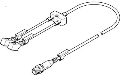 Diagram of a splitter cable with two LAN plugs at one end and a round connector at the other end, connected by a block.