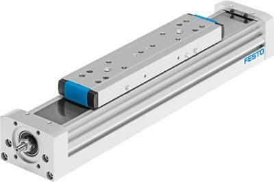 Linear drive in silver with blue accents; Brand 'Festo'. Mechanical component for precise, linear movements in machinery.