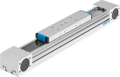 A linear guidance system with a mobile carriage on a rail, industrial design, silver surface, blue detail.