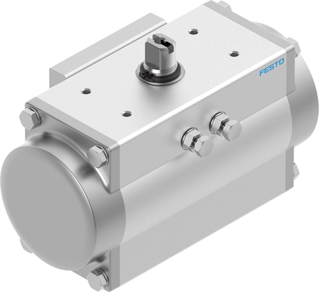 Stainless steel pneumatic actuator, side view, with Festo logo on the right. Used for valve control.