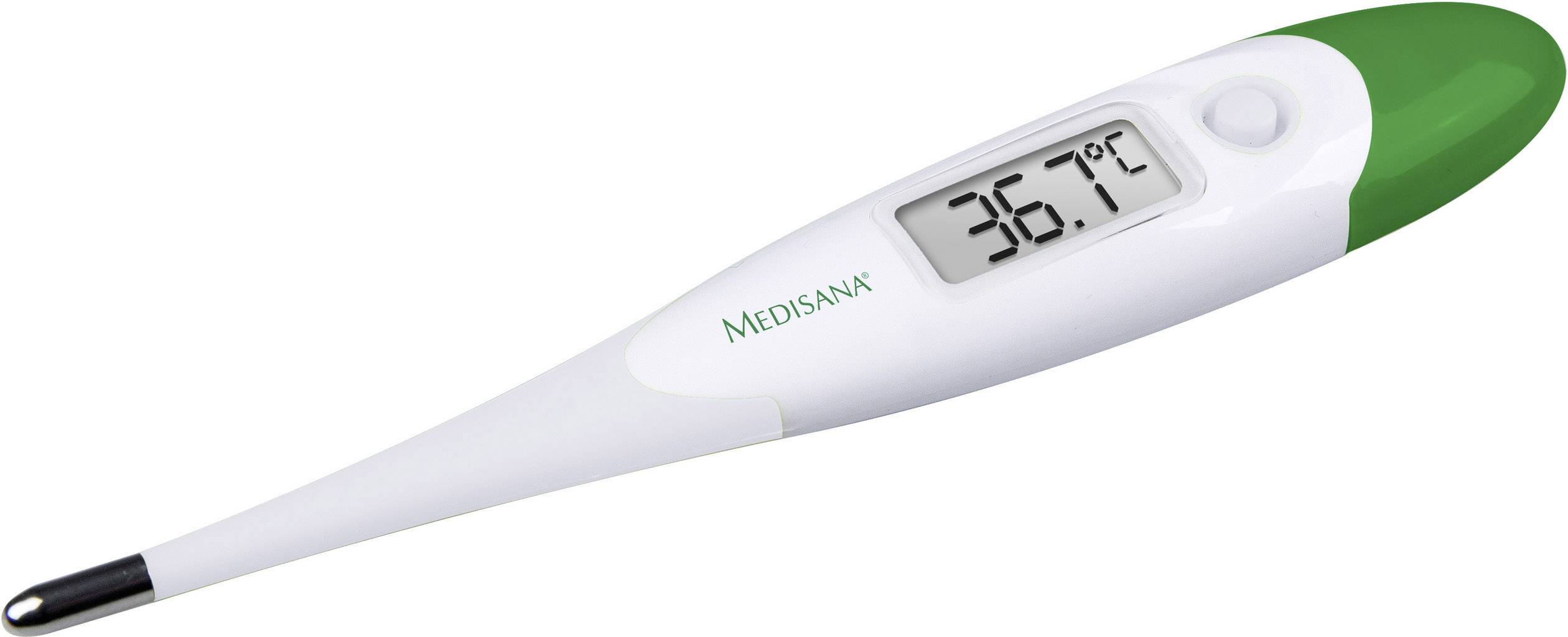 Digital fever thermometer with a green casing shows 36.7 degrees Celsius on a display.