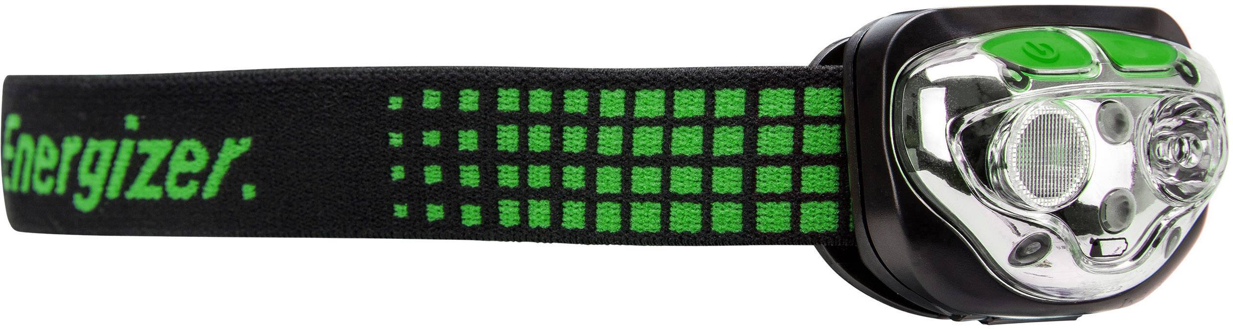 Black head torch with green logo and checked pattern, silver casing and two light mode buttons on top. Suitable for outdoor activities.