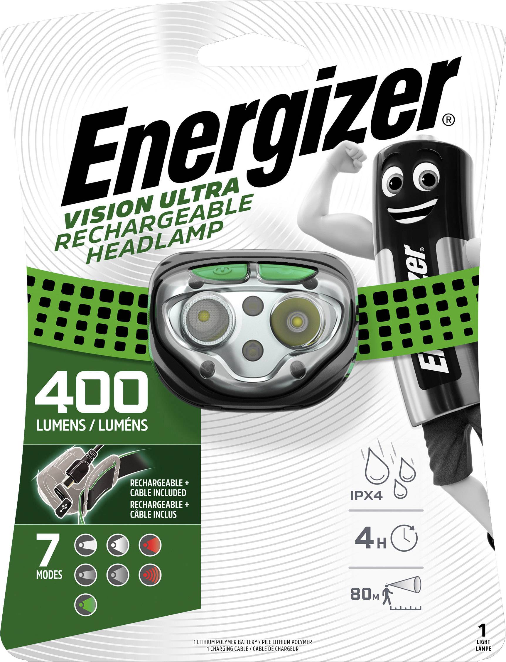 Energiser Vision Ultra Head Torch, 400 Lumens, 7 Modes, Rechargeable via Cable, Water-Resistant, 4-Hour Runtime.