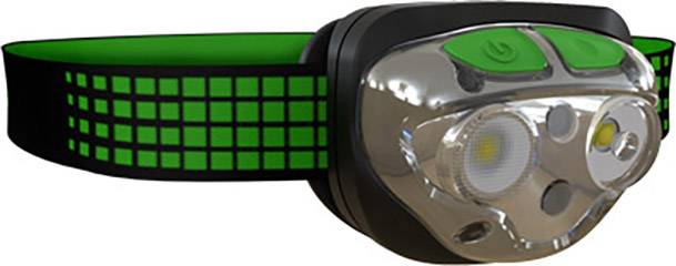 Headtorch with a green and black strap and three LED lights on the front, suitable for outdoor activities in the dark.