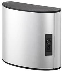 Silver, curved metal box with a black lid, side-mounted switch with three settings: 'Off', 'Hot', 'Out'.