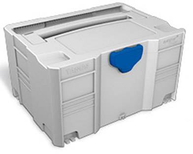 A white plastic storage box with a blue closing handle. It has vertical grooves on the sides and a robust design.