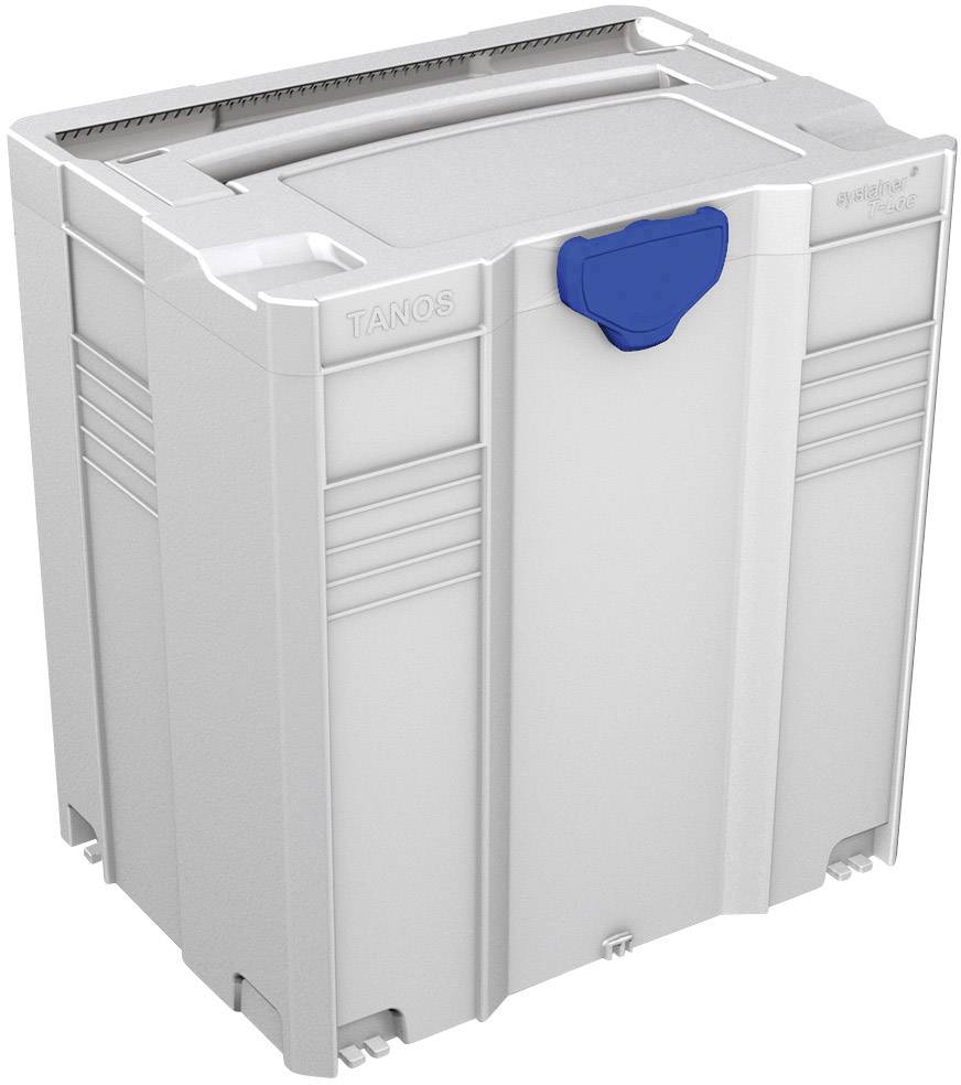 A white, rectangular plastic container with a blue handle on top. The container is sturdy and stackable.